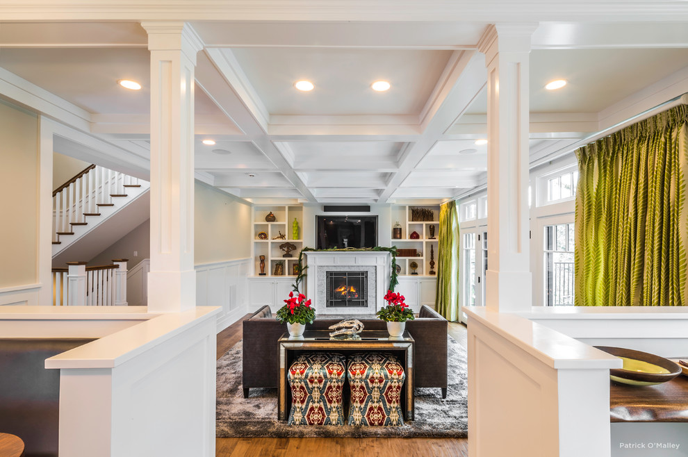 This is an example of a large eclectic formal open concept living room in Boston with white walls, medium hardwood floors, a ribbon fireplace, a stone fireplace surround and a wall-mounted tv.