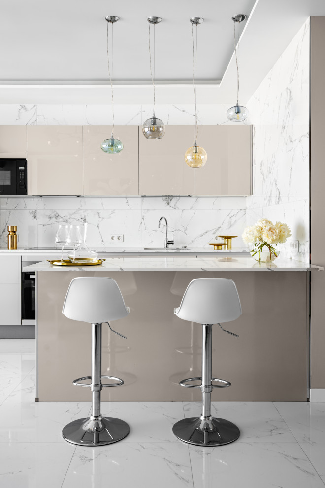 Design ideas for a large contemporary single-wall open plan kitchen in Saint Petersburg with an undermount sink, flat-panel cabinets, beige cabinets, quartz benchtops, white splashback, porcelain splashback, black appliances, porcelain floors, with island, white floor, white benchtop and recessed.