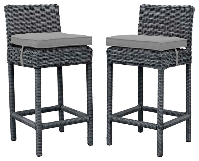 Modern Outdoor Bar Stool Set, Set of 2, Sunbrella Rattan Tropical