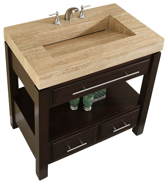 36 Inch Espresso Bathroom Vanity With Single Sink Travertine Top Modern