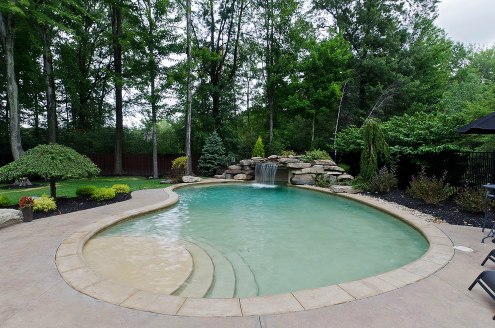 Photo of a traditional kidney-shaped pool in Cleveland with a water feature.