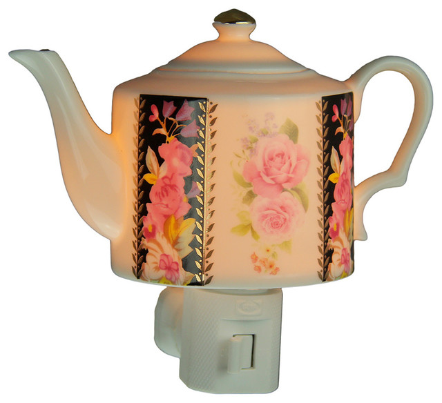 Pink Rose Garden White Porcelain Teapot Plug In Night Light