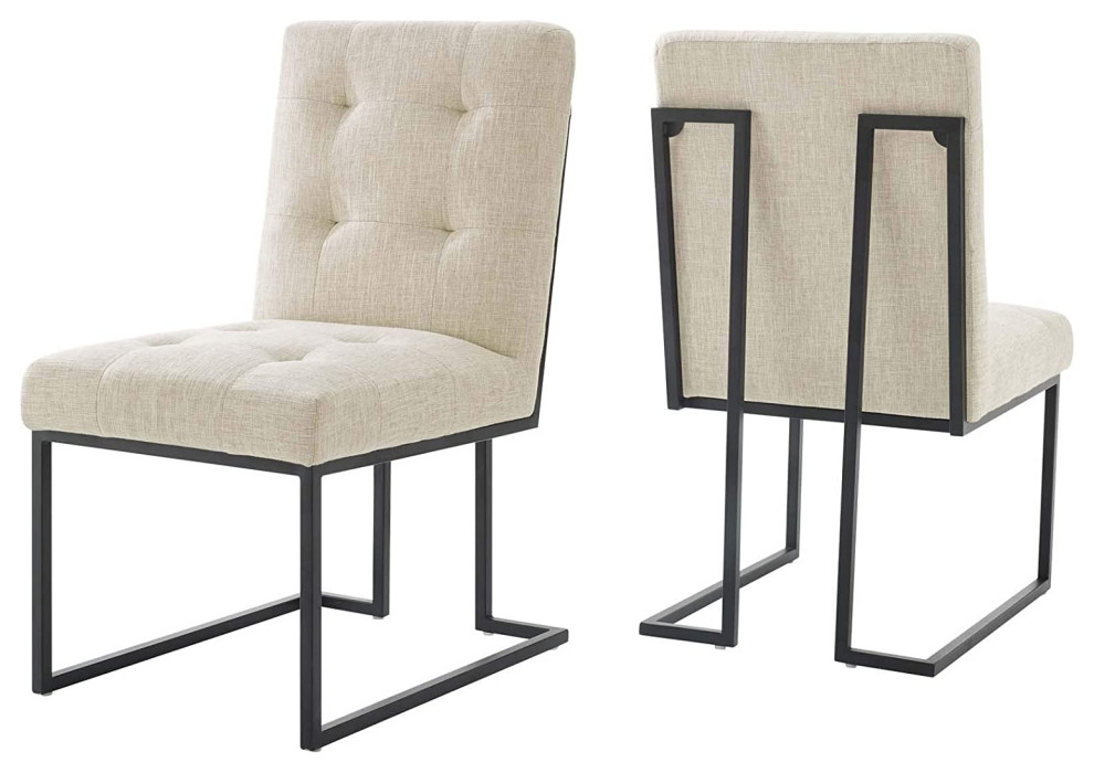 Set of 2 Dining Chair, Stainless Steel Base & Tufted Polyester Seat, Beige