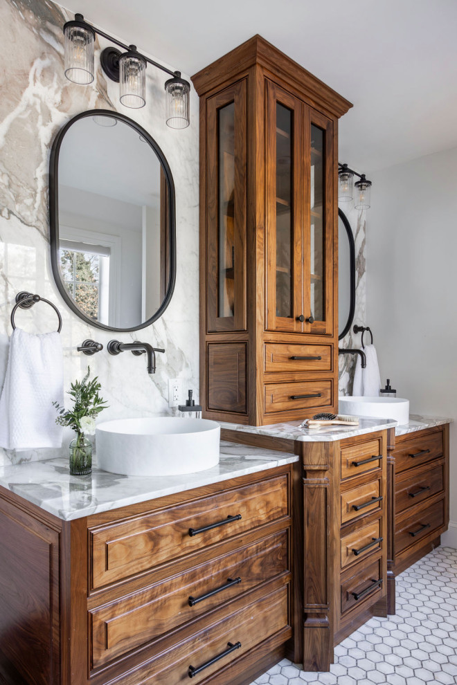 Example of a classic master mosaic tile floor, white floor and double-sink bathroom design in Bridgeport with raised-panel cabinets, dark wood cabinets, gray walls, a vessel sink, gray countertops and a built-in vanity