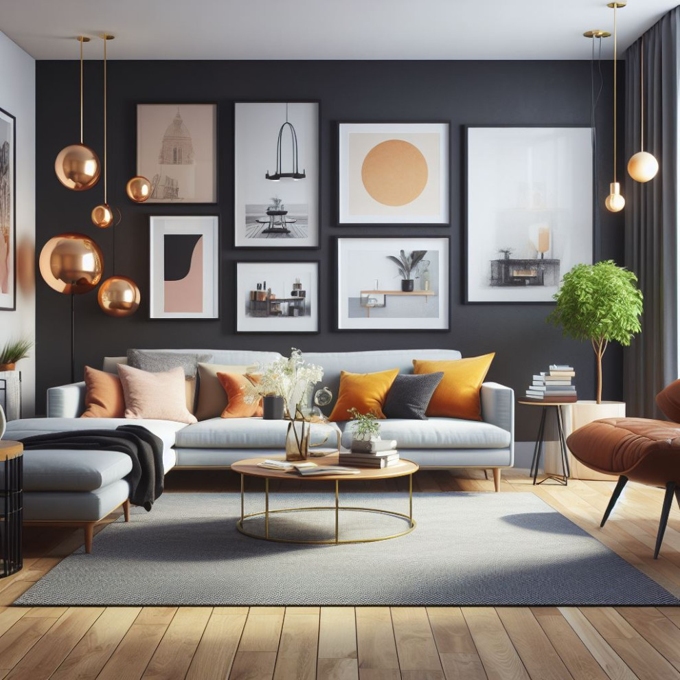 Стильный дизайн: изолированная, парадная гостиная комната среднего размера в стиле модернизм с серыми стенами, мраморным полом, коричневым полом, обоями на стенах и деревянным потолком без камина, телевизора - последний тренд