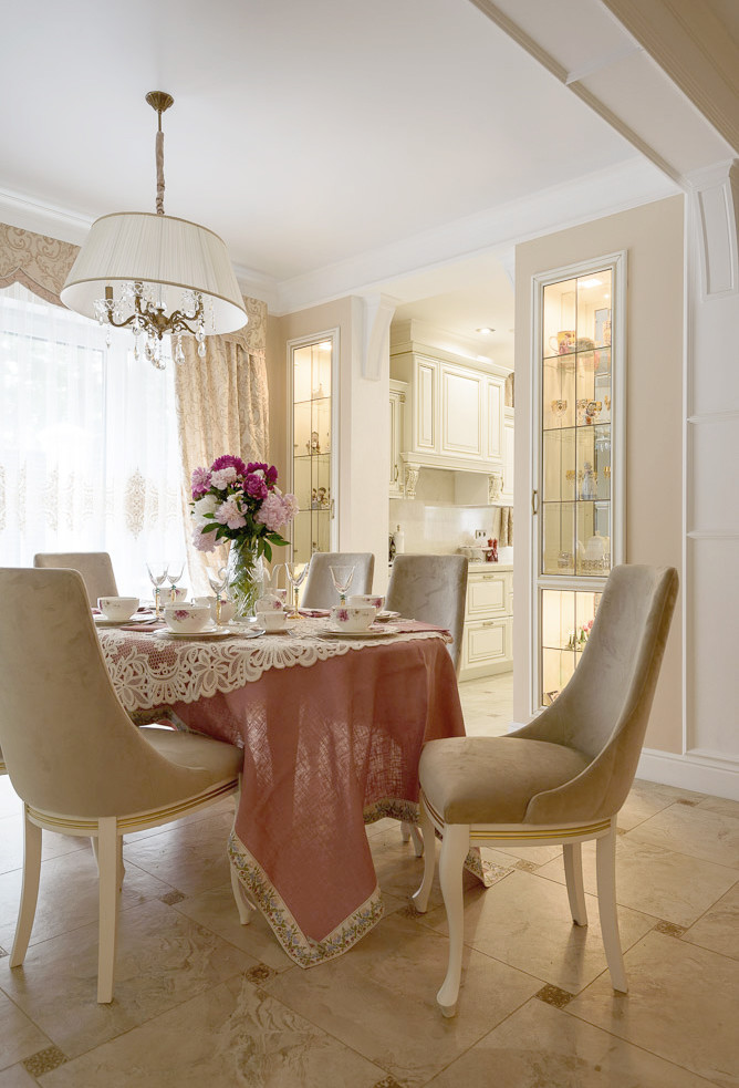 Inspiration for a large transitional open plan dining in Other with beige walls, porcelain floors, a corner fireplace, a plaster fireplace surround and beige floor.