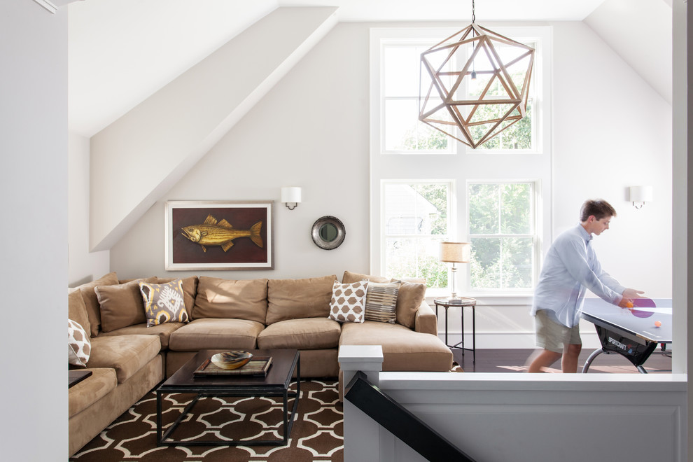 Inspiration for a transitional loft-style family room in Boston with a game room, white walls, no fireplace and no tv.