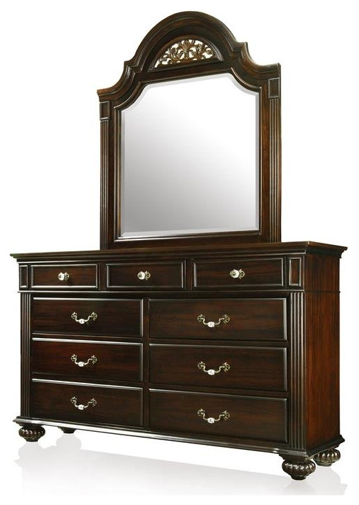 Furniture of America Damos 2-Piece Solid Wood Dresser and Mirror in Dark Walnut