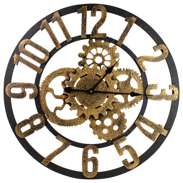 24" Gold and Black Battery Operated Round Wall Clock With Cogs