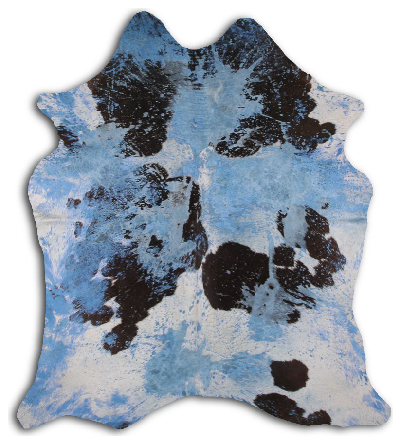 ACID WASHED HAIR ON Cowhide Rug DE DISTRESSED ACQUA BLUE, 5'x7' to 6'x8