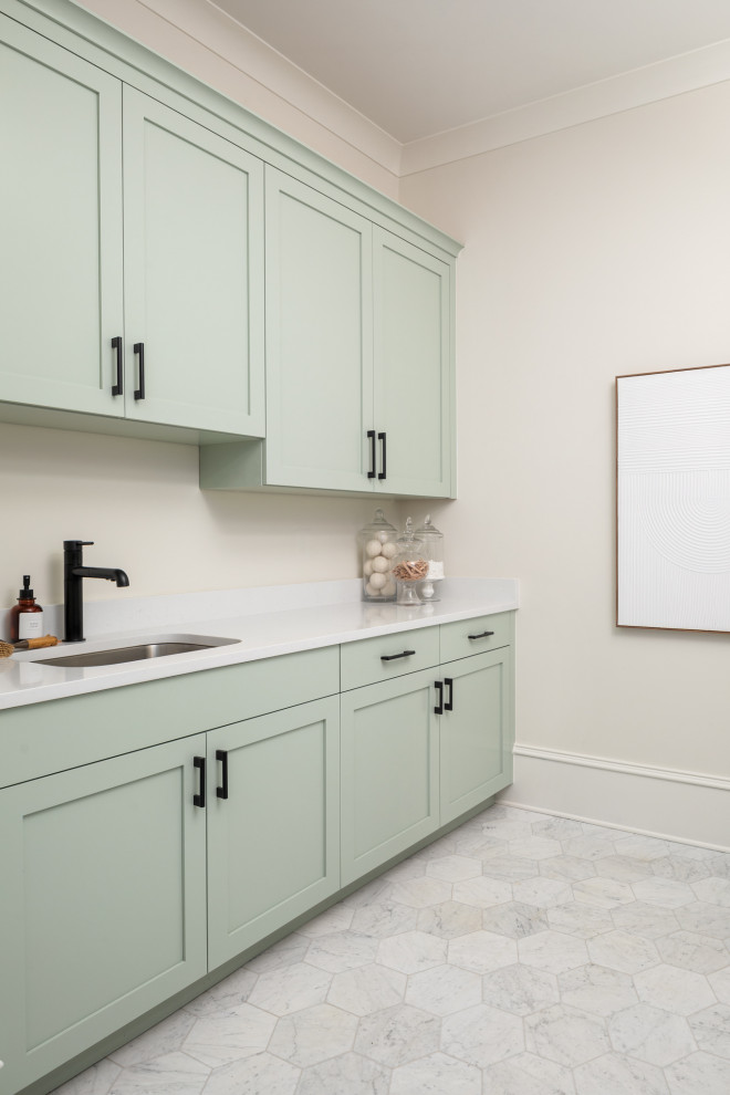 Design ideas for a laundry room in Charlotte with an integrated sink, white walls, ceramic floors, a side-by-side washer and dryer, grey floor and white benchtop.