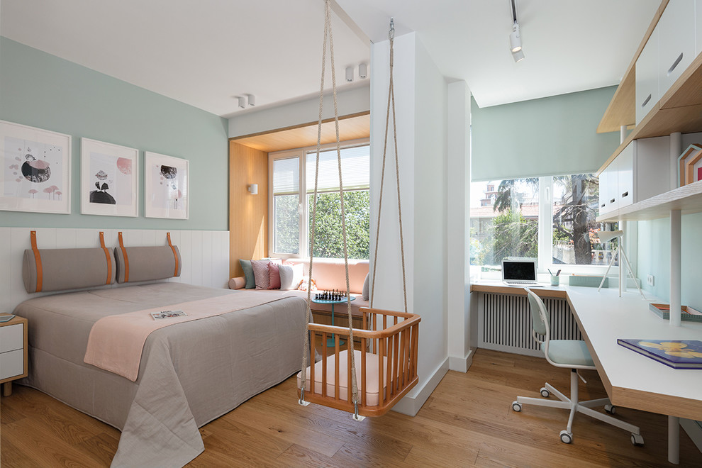 Contemporary Kids - Kids' bedroom - bedroom contemporary gender-neutral medium tone wood floor and brown floor kids' bedroom idea in New York with green walls
