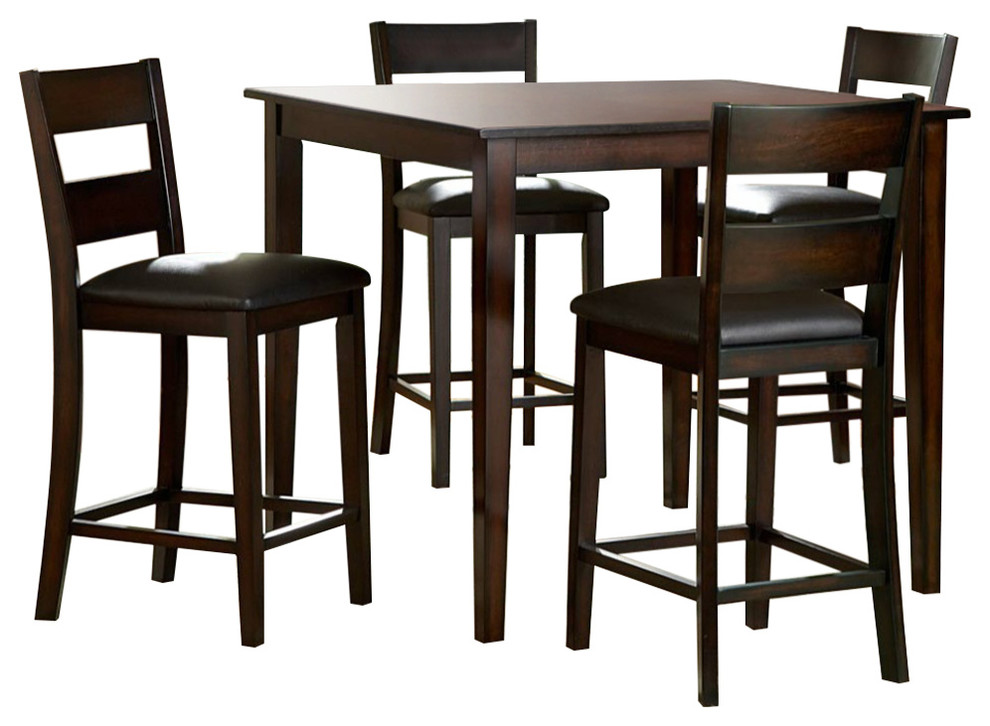 5Piece Wooden CoUnter Height Table Set, Espresso Brown Transitional