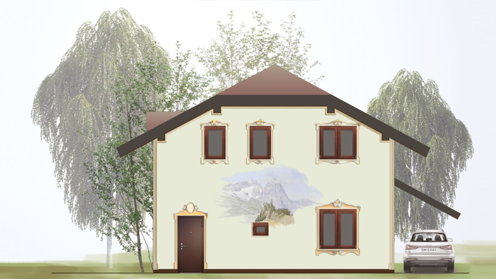 Тема для росписи фасада была продиктована архитектурой дома - это шале, как в ав