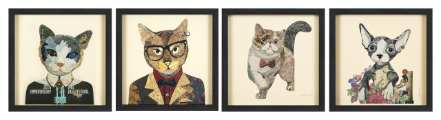 Cats Set Dimensional Collage Wall Art Framed Under Glass, Set of 4