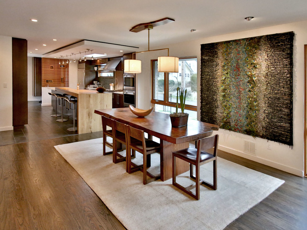 Trendy dark wood floor kitchen/dining room combo photo in Portland with white walls