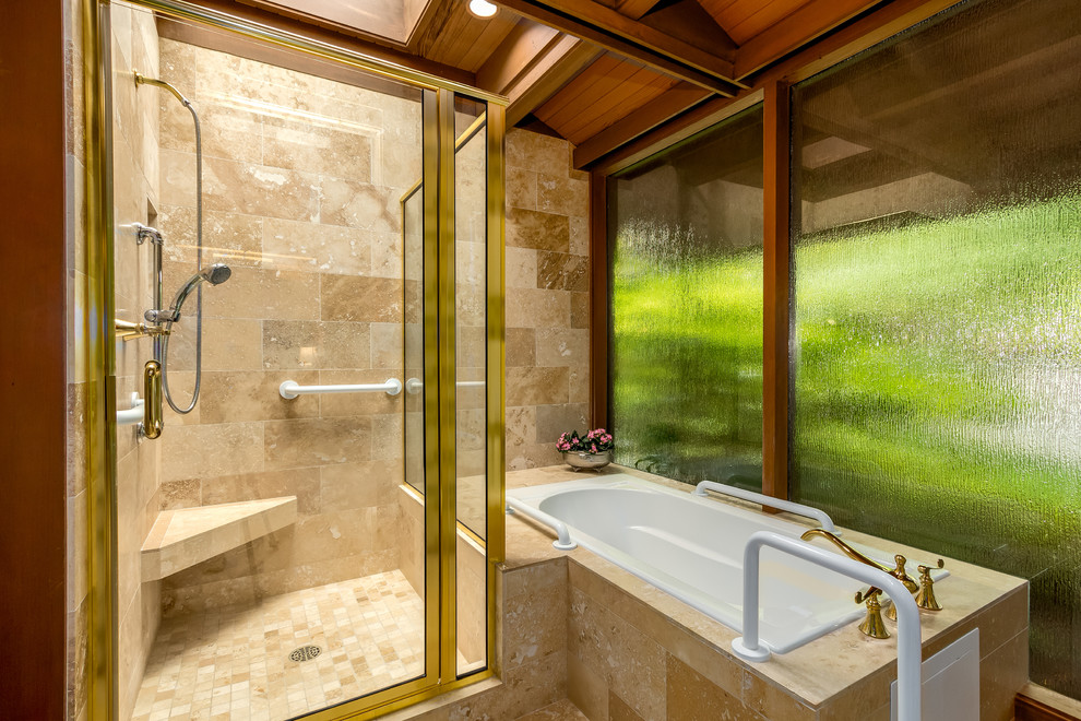 Inspiration for a large contemporary master bathroom in Seattle with a hot tub, an alcove shower, multi-coloured tile, travertine, travertine floors and a hinged shower door.