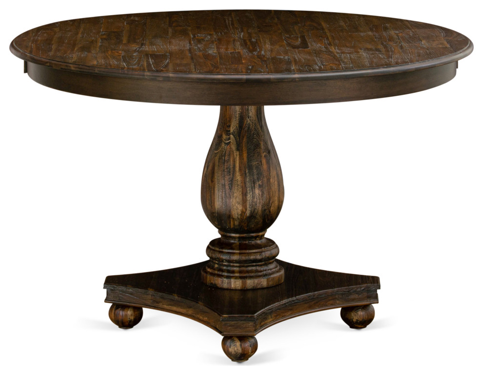 Round Dining Table, Rustic Rubberwood Table, Distressed Jacobean Finish