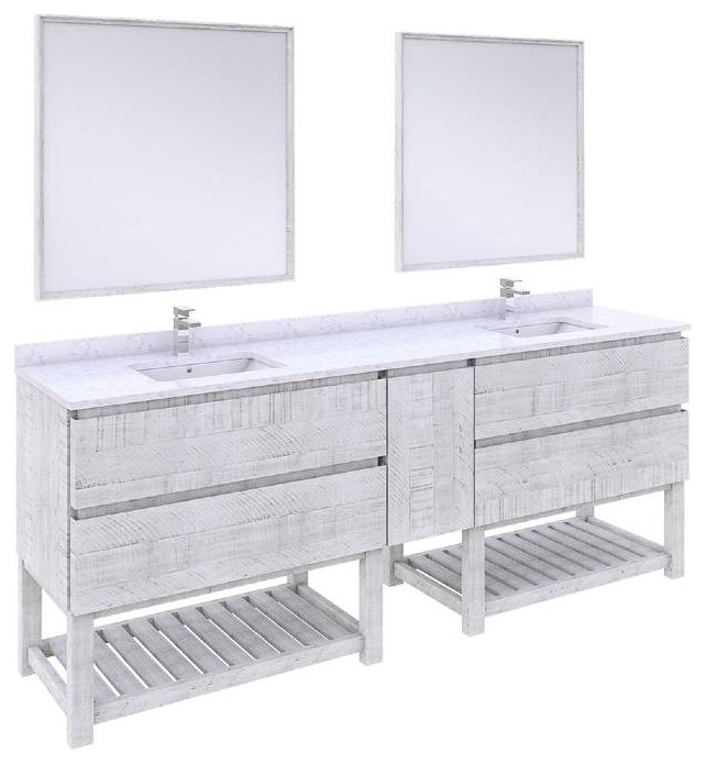 Formosa 84" Rustic White Double Sink Vanity, Open Bottom Shelf, Faucet Fft3071ch