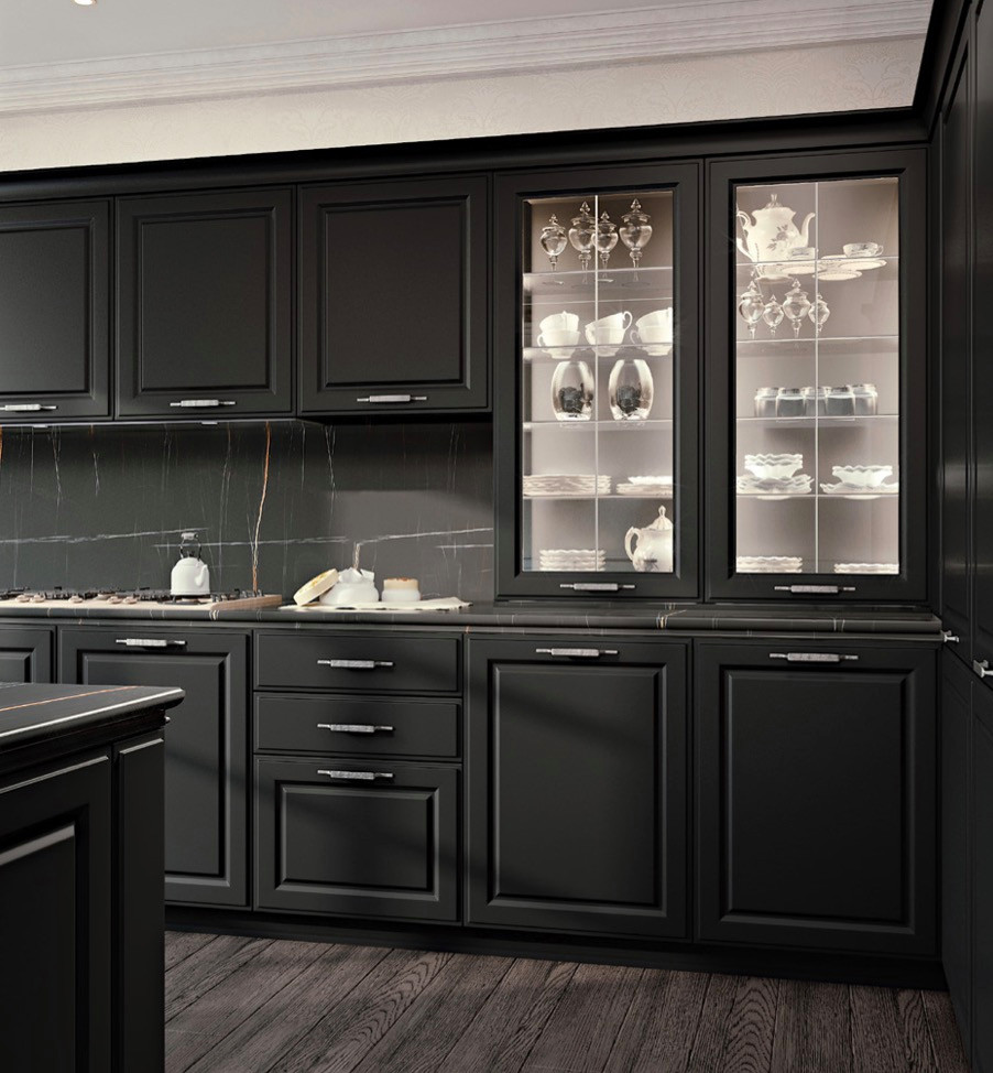 This is an example of a large contemporary galley open plan kitchen in Other with black cabinets, marble worktops, stainless steel appliances, an island, black worktops, a submerged sink, raised-panel cabinets, light hardwood flooring, brown floors, a coffered ceiling, black splashback and marble splashback.