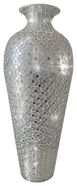 Home Decor Metal Floor Vase with Geometric Pattern Glass Mosaic in Silver