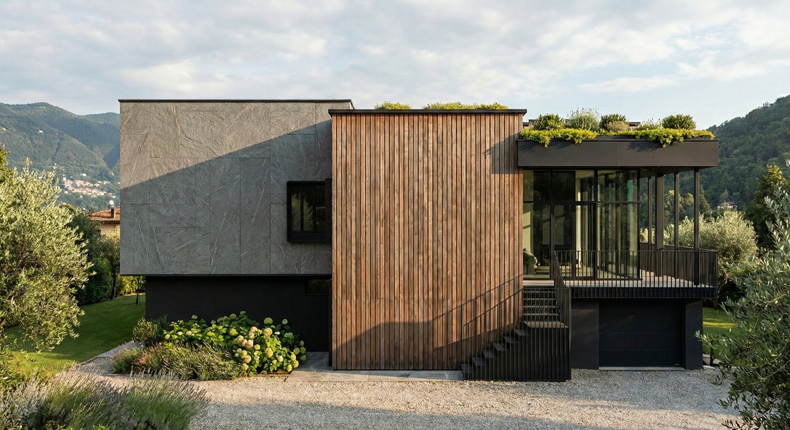 Architettura di Contrasti: Pietra, Legno e Cristallo