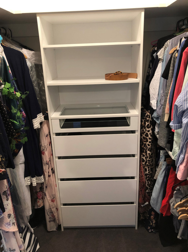 Inspiration for a mid-sized modern women's walk-in wardrobe in Newcastle - Maitland with open cabinets, white cabinets, carpet and black floor.
