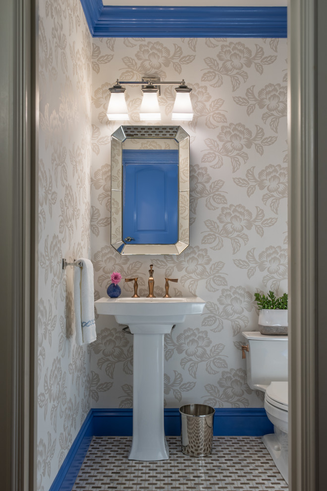 Inspiration for a small transitional powder room in Boston with a one-piece toilet, marble floors, a pedestal sink, multi-coloured floor and multi-coloured walls.