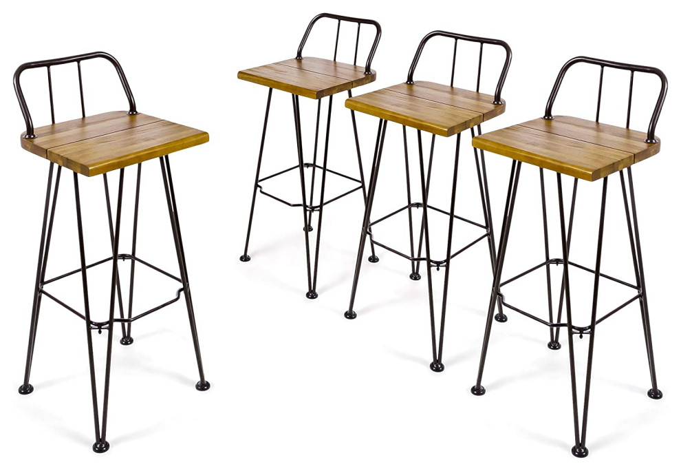 Set of 4 Patio Bar Stool, Metal Base With Acacia Wooden Seat and Low Backrest Midcentury