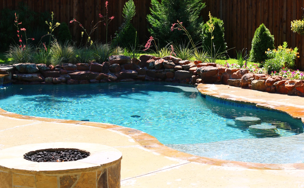 Photo of a mid-sized traditional backyard custom-shaped natural pool in Dallas.