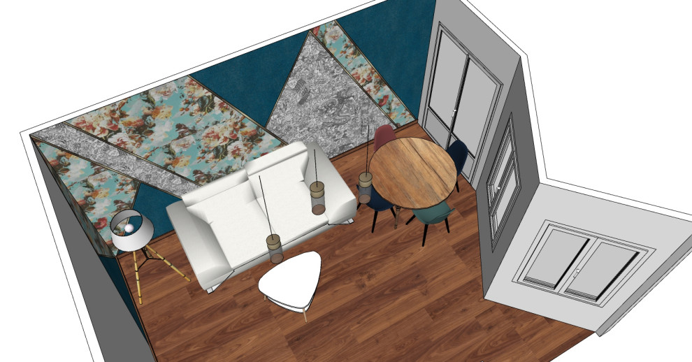 Modelo de salón contemporáneo de tamaño medio con paredes azules, suelo de contrachapado, suelo marrón y papel pintado