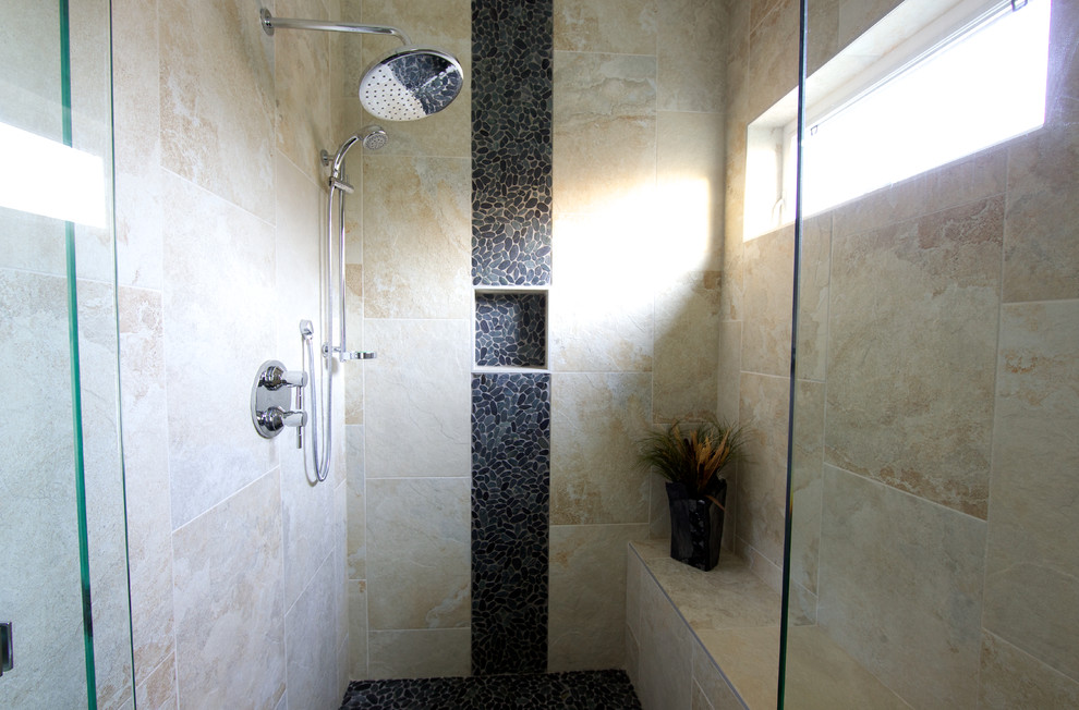 Traditional master bathroom in Vancouver with louvered cabinets, dark wood cabinets, a drop-in tub, an alcove shower, a two-piece toilet, gray tile, mosaic tile, beige walls, mosaic tile floors, a vessel sink and granite benchtops.
