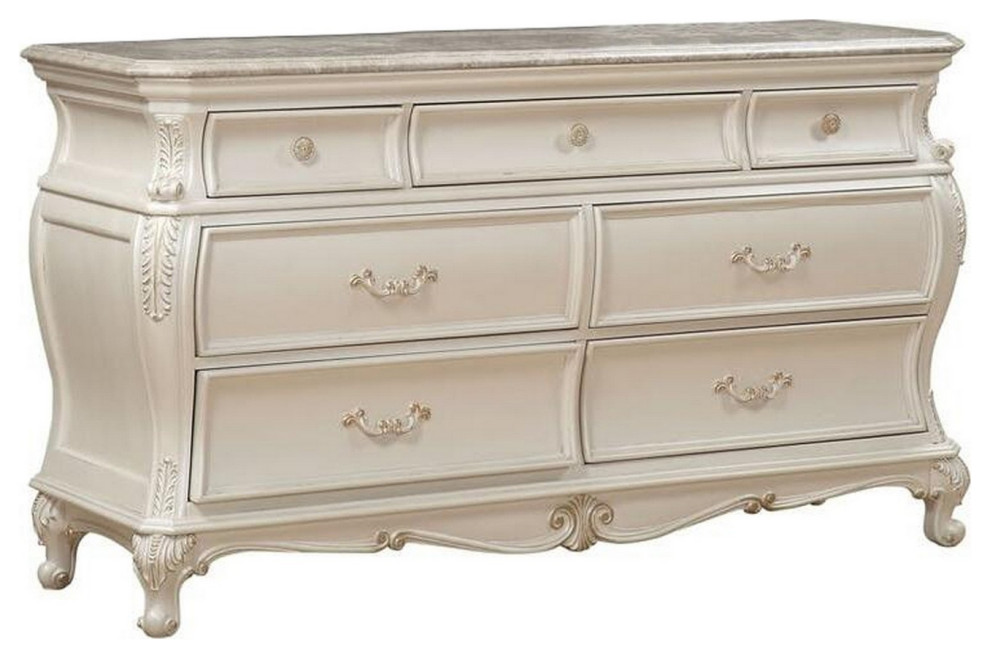 Seven Drawers Wooden Dresser With Granite Top, Pearl White Victorian