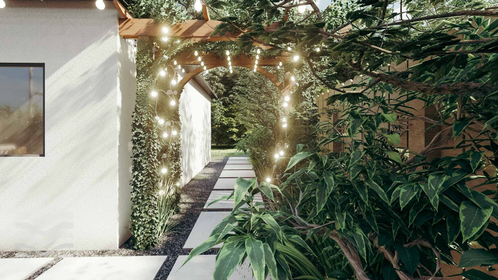 Geometrischer, Mittelgroßer, Halbschattiger Retro Garten hinter dem Haus mit Holzzaun in Sonstige