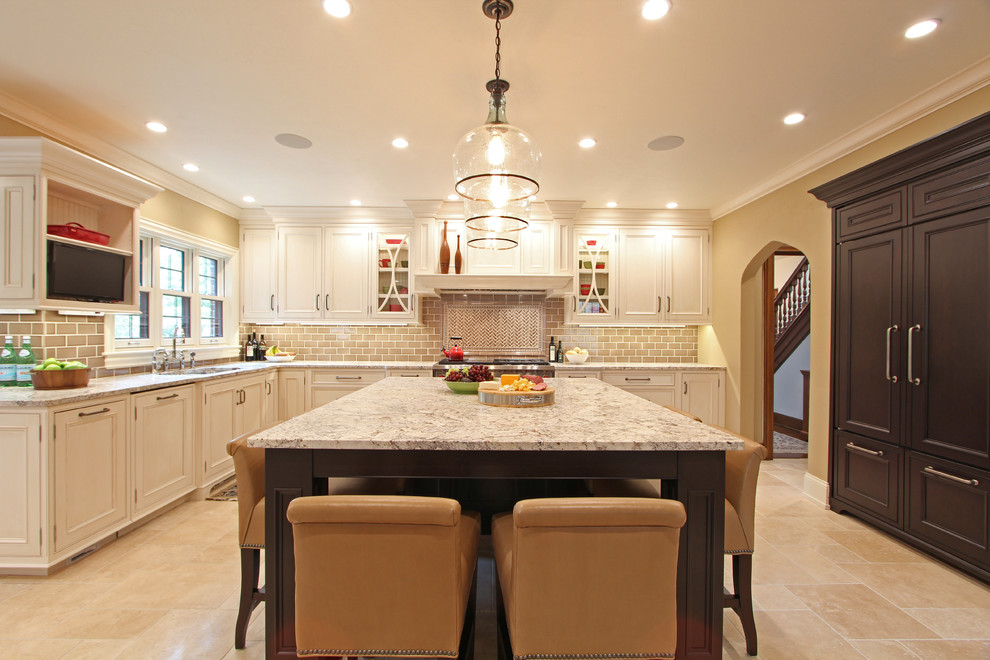 Two Tone Kitchen with White Glazed Cabinets and Dark ...