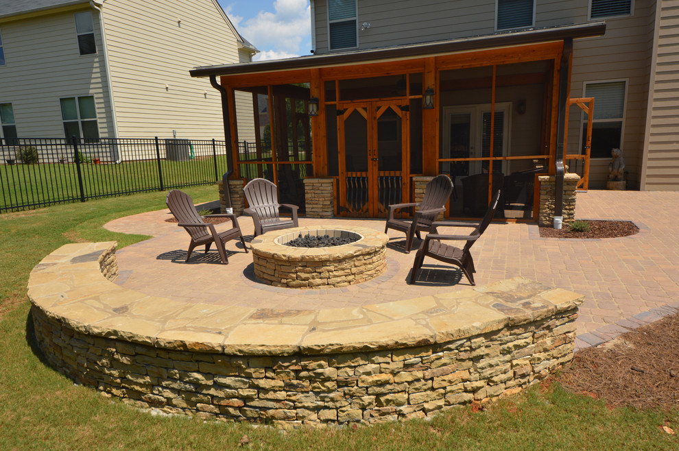 Screen Porch Fire Pit Patio - Midcentury - Landscape ...