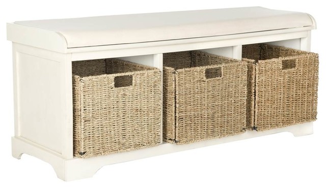 Lonan Wicker Storage Bench In White Finish Beach Style Accent