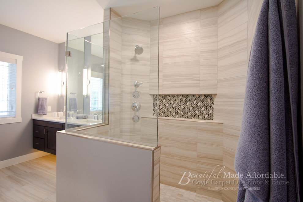 Photo of a large contemporary master bathroom in Other with shaker cabinets, brown cabinets, an alcove shower, purple walls, ceramic floors, an undermount sink, engineered quartz benchtops, beige floor, an open shower and white benchtops.