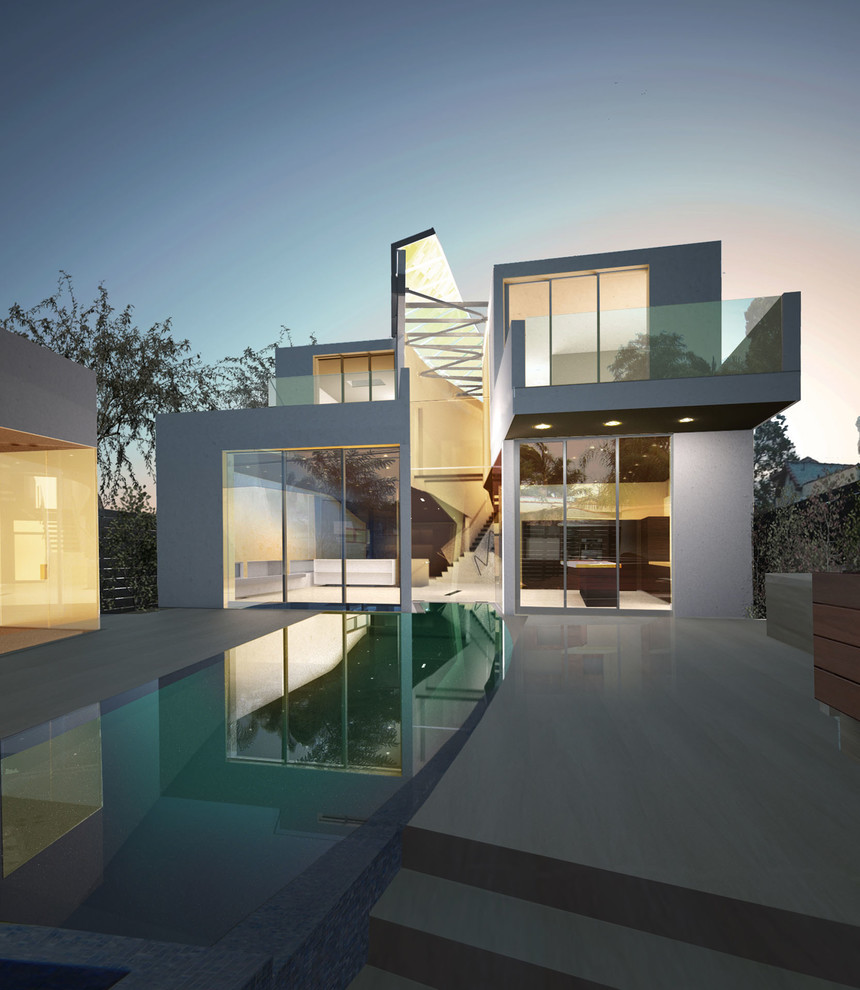 Design ideas for a mid-sized contemporary two-storey white exterior in Los Angeles.