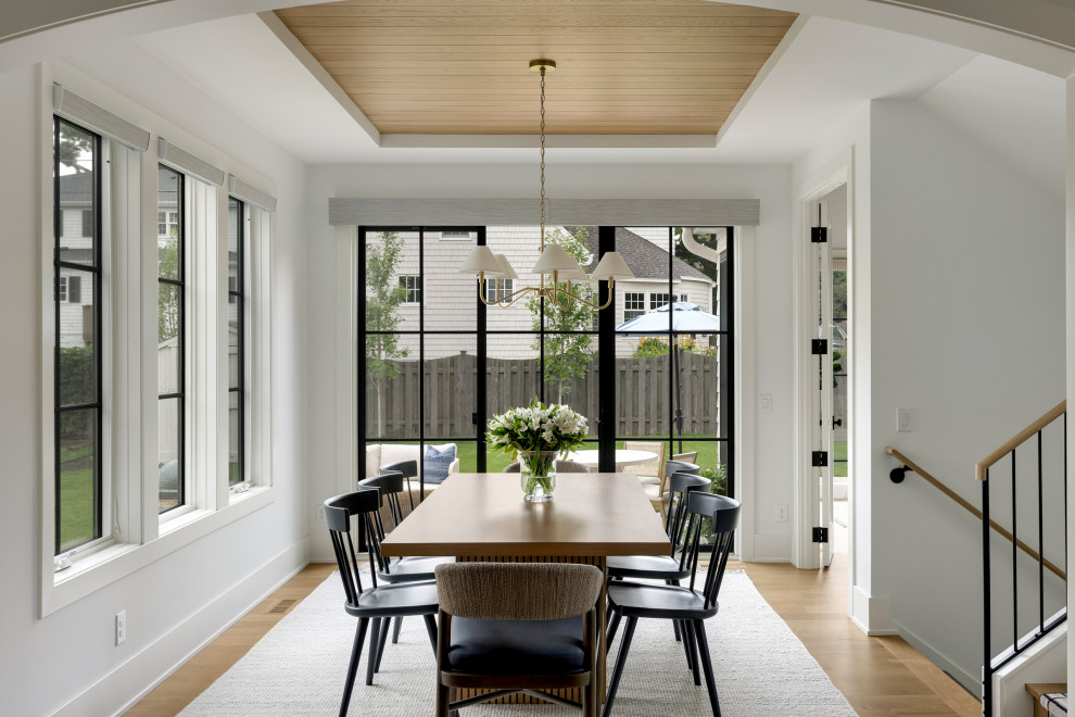 Dining room - transitional medium tone wood floor, brown floor, tray ceiling and wood ceiling dining room idea in Minneapolis with white walls