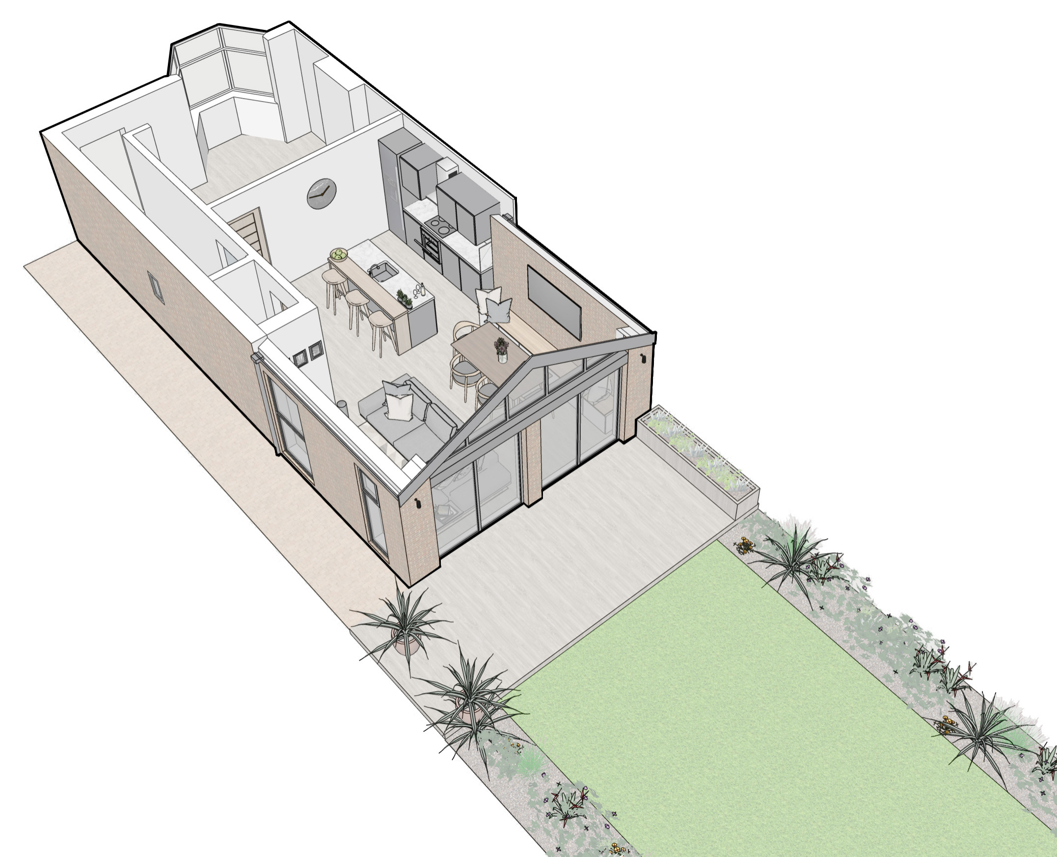 3D view of space, Contemporary, Rear gable extension