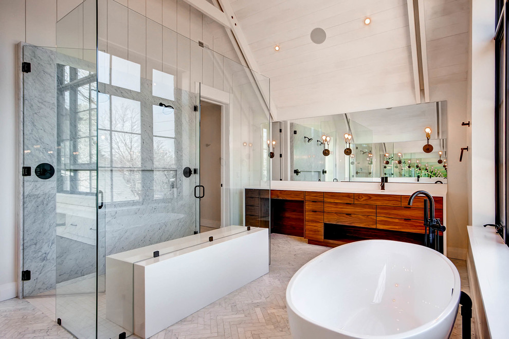 Design ideas for a contemporary bathroom in Denver with a hinged shower door.