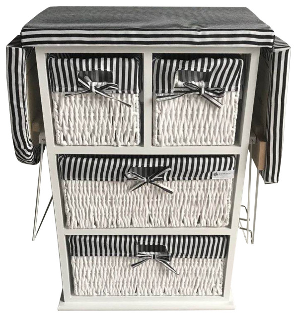 Drop Leaf Ironing Board Cabinet With shelves and woven basket storage