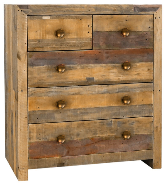 Norman Reclaimed Pine 5 Drawer Dresser Distressed Natural by Kosas Home