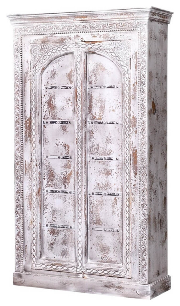Satartia Hand Carved Solid Wood Distressed White Armoire With Shelves