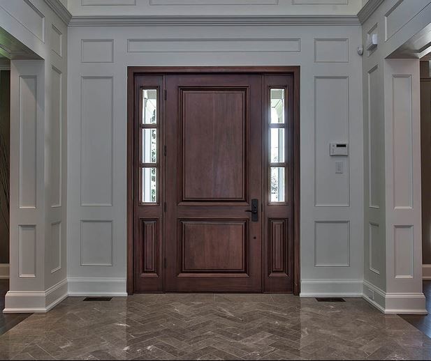 Mid-sized transitional porcelain tile front door photo in Toronto with white walls and a dark wood front door