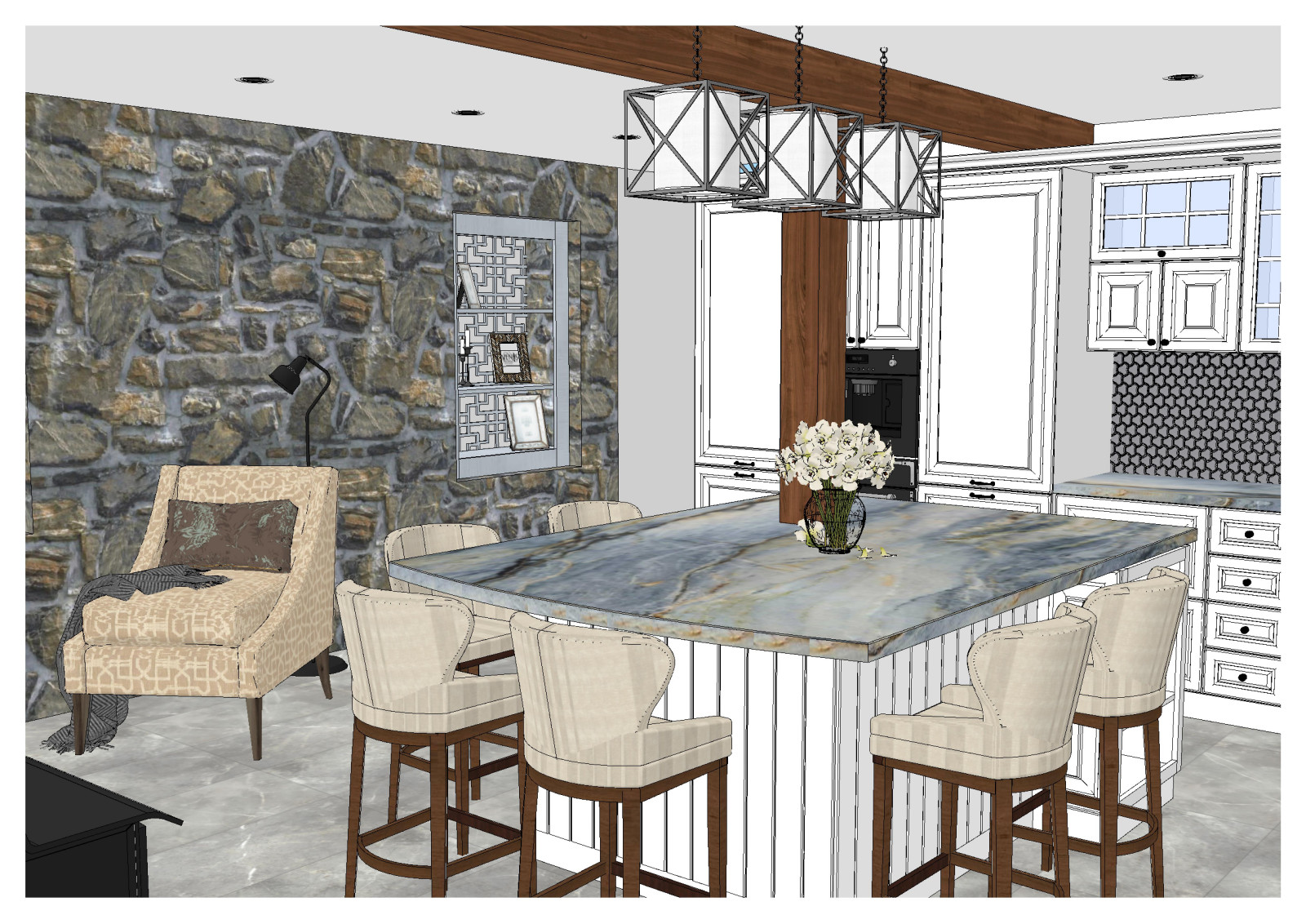 Кухня с большим островом в частном доме в США