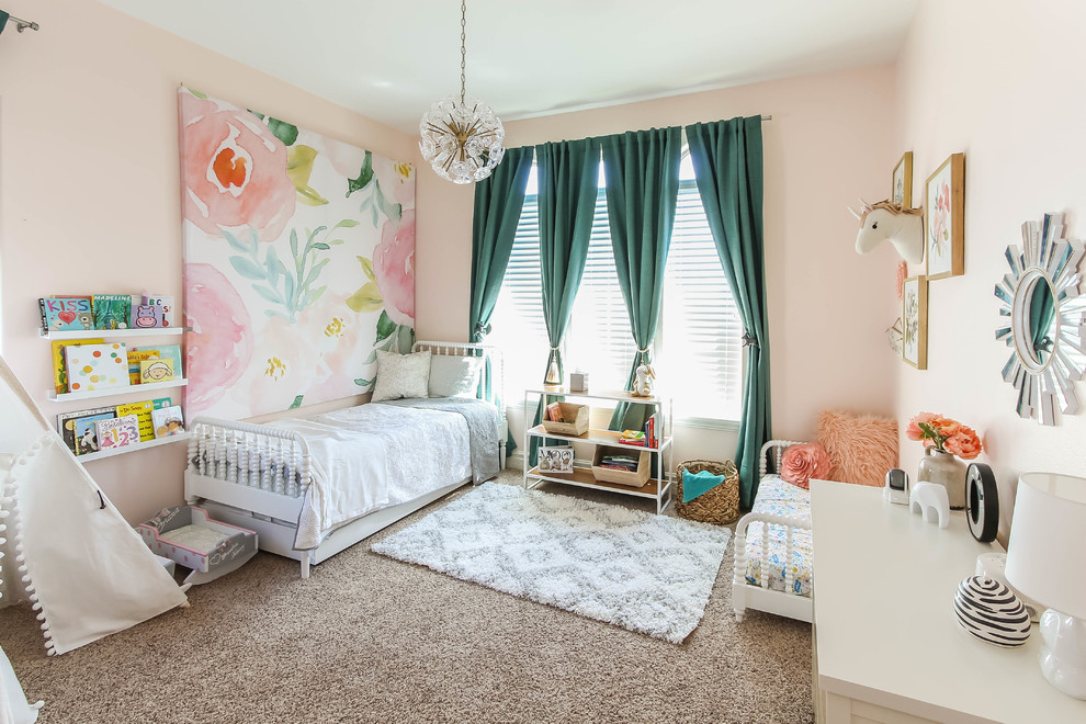 Design ideas for a large traditional kids' bedroom for kids 4-10 years old and girls in Seattle with pink walls, carpet and brown floor.