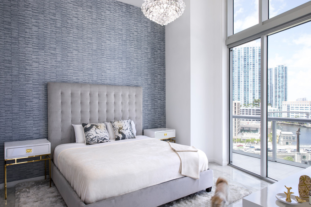 Mid-sized transitional master bedroom in Miami with white walls, marble floors and grey floor.
