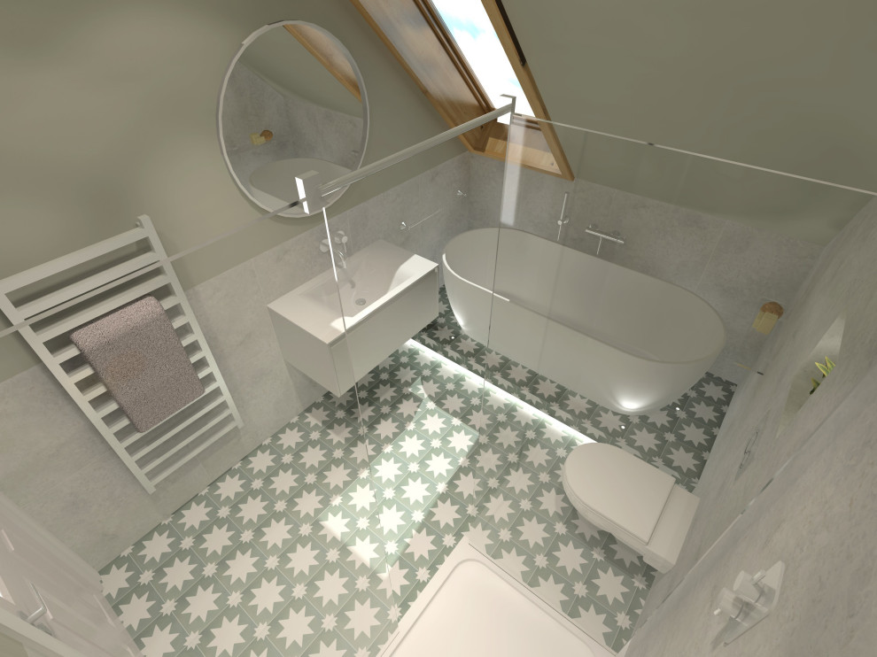 Идея дизайна: детская ванная комната среднего размера в современном стиле с плоскими фасадами, белыми фасадами, отдельно стоящей ванной, открытым душем, инсталляцией, серой плиткой, керамогранитной плиткой, зелеными стенами, полом из керамогранита, монолитной раковиной, столешницей из искусственного камня, зеленым полом, открытым душем, белой столешницей, нишей, тумбой под одну раковину, подвесной тумбой и сводчатым потолком